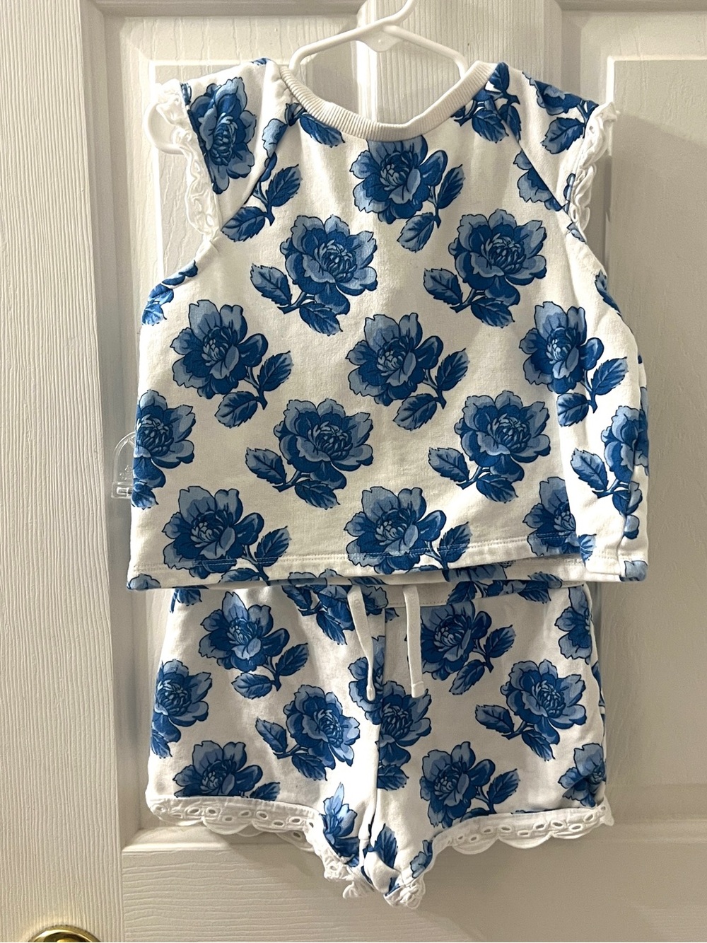Janie And Jack Girls Floral White Blue Cotton Shorts and Top Set Sz 7